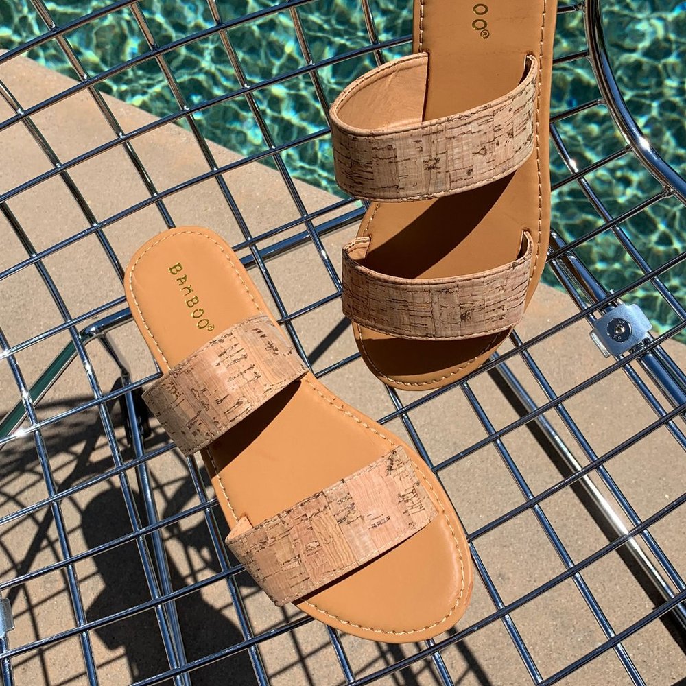 NEW🔥 Cork Open Toe Double Band Slide Flat Sandals - Picture 2 of 4